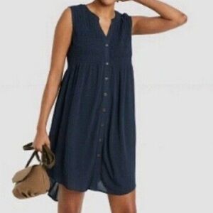Knox Rose Navy High & Low Sleeveless Smoked Button Down Dress Sz M